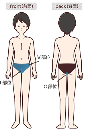 施術範囲(V⇒太ももの付け根から骨盤の高さまでの全域・I⇒玉の下から肛門までのライン(玉の毛も含む)・O⇒肛門周りの全域(お尻は含まない))