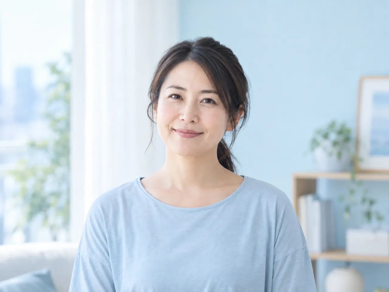 水色のトップスを着た女性のイメージ写真