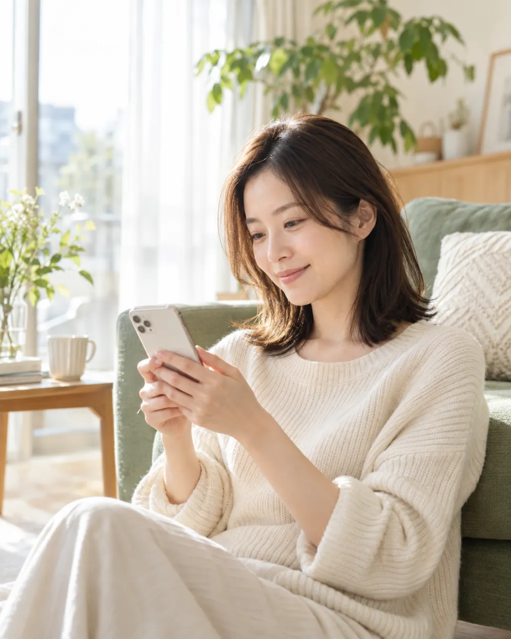 明るい部屋でリラックスしながらスマートフォンを見る女性のイメージ